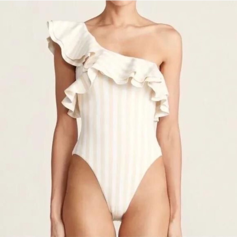 We Wore What swimsuit Stella one shoulder ruffles and stripes